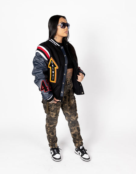 Take Off Leather Coat: Black Navy Combo