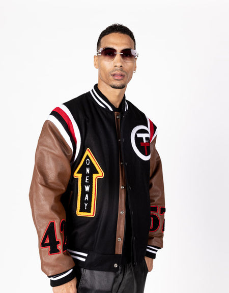 Take Off Leather Coat: Black with Brown Sleeves